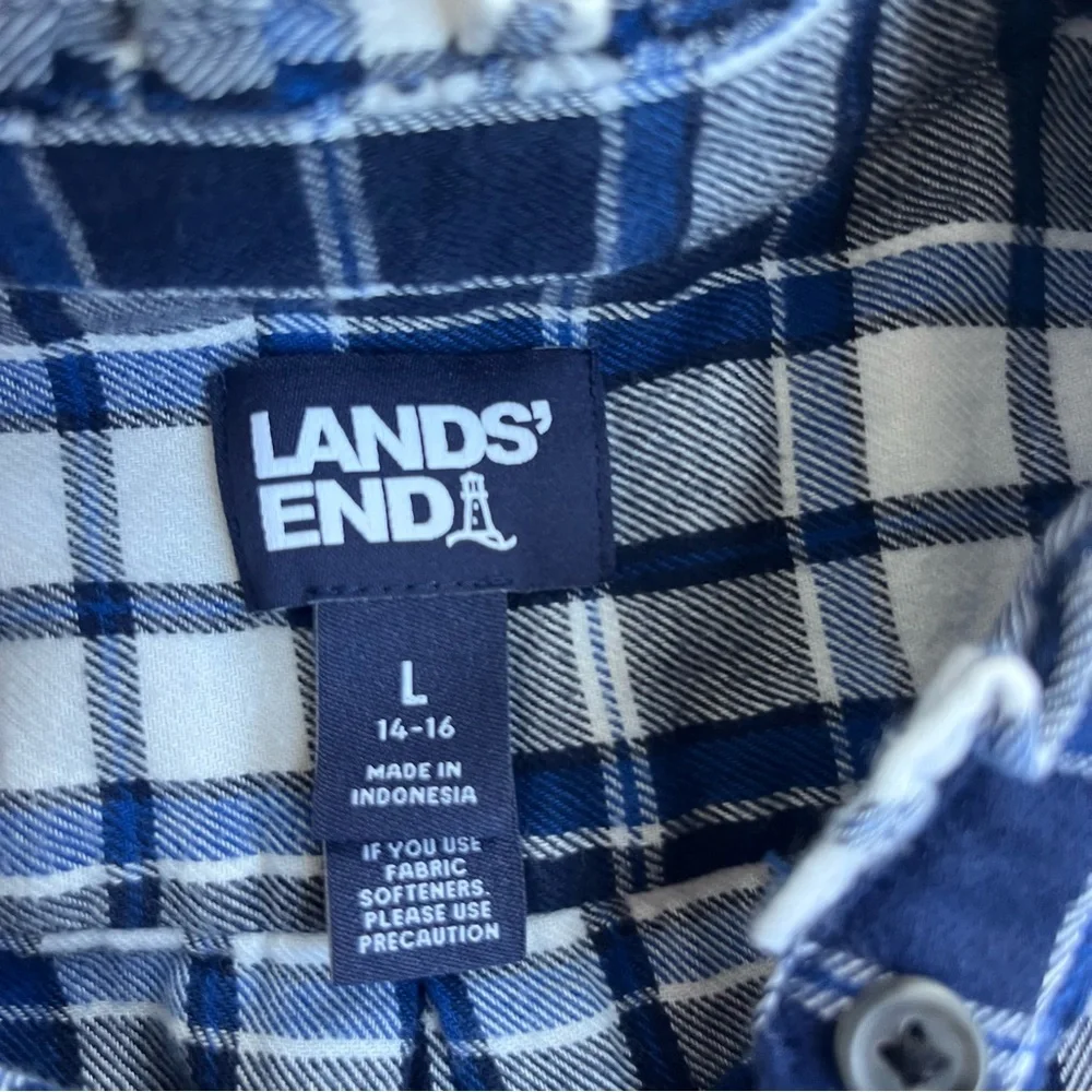 Lands End Plaid Flannel Shirt Womens Large 14-16 Blue White Collared Button Up - Picture 4 of 9